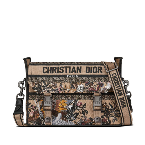 DIOR/迪奧 22新款DIORCAMP系列 女士小號榛子色拼色Jardin d'Hiver圖案刺繡單肩斜挎手提郵差包M1241BRWD_M918