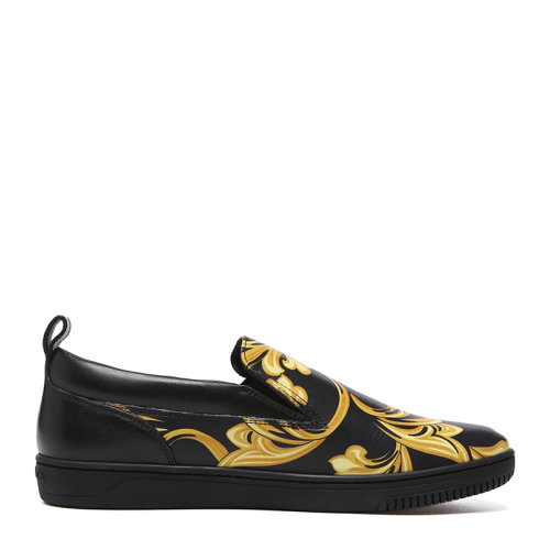 VERSACE JEANS/范思哲牛仔 男士黑色牛皮經典黃色印花裝飾休閑鞋平底鞋皮鞋單鞋男鞋 DSU5803-DVXBG-D4D