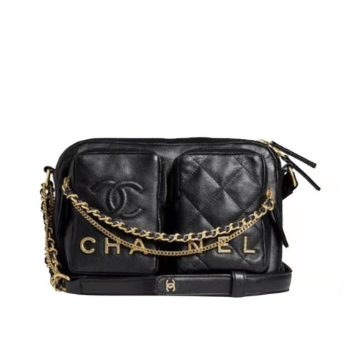 CHANEL/香奈兒 22早春系列 雙口袋相機包炸藥包 金色鏈條郵差單肩斜挎包 黑色 小號 AS2923-B07152-94305