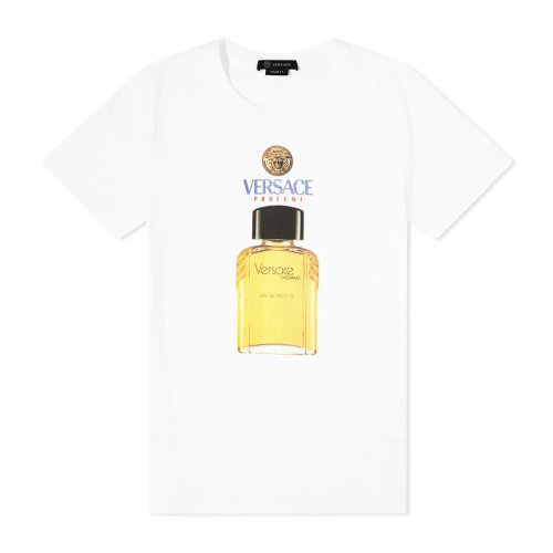 VERSACE/范思哲 男士白色棉質(zhì)經(jīng)典字母徽標(biāo)美杜莎頭像香水瓶印花裝飾圓領(lǐng)短袖上衣T恤 A85575-A228806-A1002