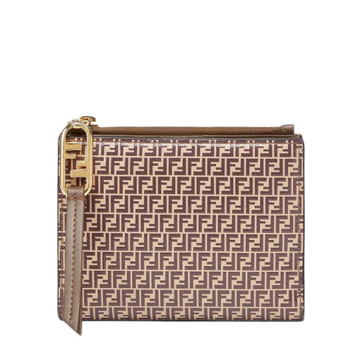FENDI/芬迪 21新款O’Lock 女士中號米色皮革棕色FF印花雙折皮夾錢包8M0447AHM1F1FNK