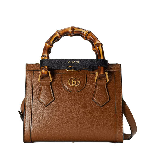 GUCCI/古馳 22春夏新款Diana系列 女士迷你棕色皮革竹節黑飾帶金扣紅綠肩帶手提單肩托特包702732U3ZDT2185