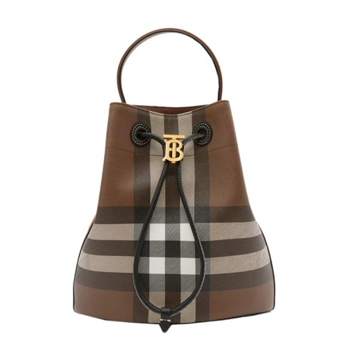 BURBERRY/博柏利 22新款 女士小號深棕色皮革格紋調節束帶開合拋光金屬拆卸調節肩帶單肩斜挎水桶包80630701