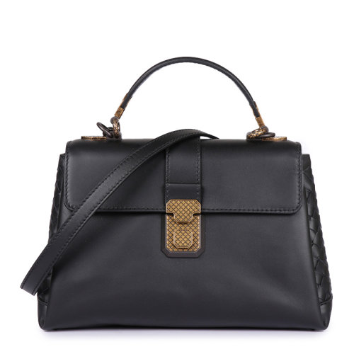 Bottega Veneta/葆蝶家 女士黑色牛皮梯型翻蓋鎖扣手提包單肩包斜挎包女包 498992-VALKD-1000
