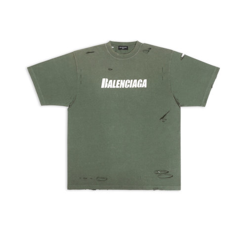 Balenciaga/巴黎世家 22年早春新款 DESTROYED系列 男女同款綠色純棉撕裂破洞做舊設計寬松版型短袖T恤651795TKVB83011
