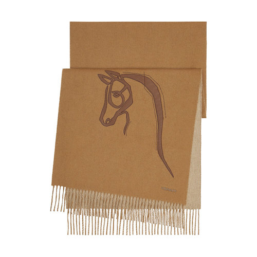 HERMES/愛馬仕 22年早春新款 Cheval au Trait系列 男士駝色/米色馬頭圖案純羊絨圍巾H393782T01