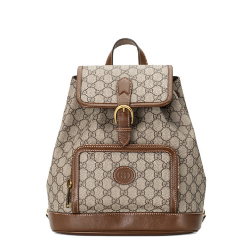 GUCCI/古馳      GG Retro系列 男士米色老花帆布棕色配皮雙肩背包 67414792THG8563