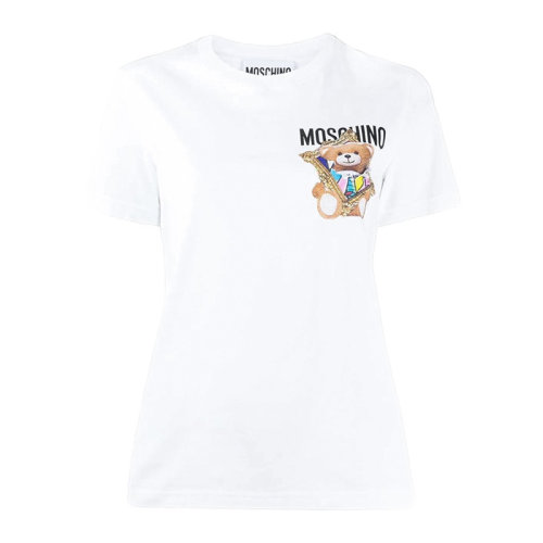 MOSCHINO/莫斯奇諾 女士白色棉質經典字母徽標畫框泰迪熊印花案圓領短袖上衣T恤 A0704-0440-1001