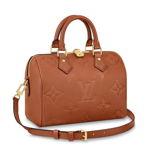 Louis Vuitton/路易威登 22新款SPEEDY 25系列 女士干邑白蘭地色（淡土黃色）徽標老花壓紋皮革金扣單肩斜跨手提包M46136