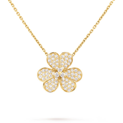 Van Cleef & Arpels/梵克雅寶 經典Frivole系列 18k金黃金鑲嵌鉆石滿鉆三瓣花朵大號吊墜項鏈VCARP0J700