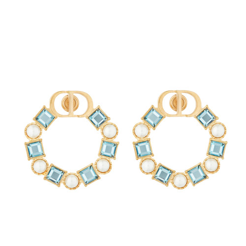 Dior/迪奧 22春夏新款PETIT CD系列 女士金色飾面金屬飾白色樹脂珠和淡藍色透明水晶CD圓形耳環 E1858PTCCY_D457