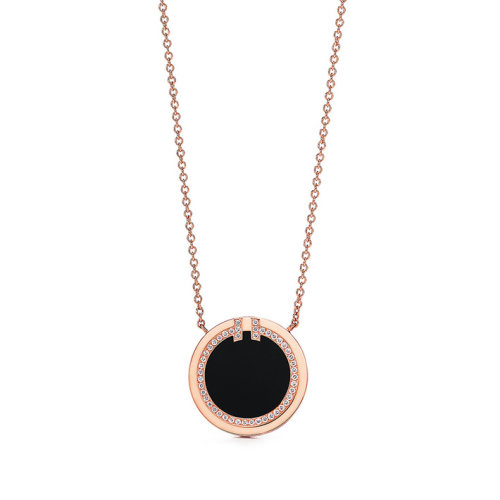 Tiffany & Co./蒂芙尼  T系列女士 18k金玫瑰金鑲嵌黑瑪瑙和鉆石圓形吊墜項鏈 64026992
