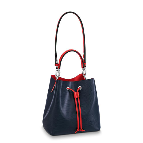 Louis Vuitton/路易威登 經典款NEONOé系列 女士靛藍色水波紋粒面牛皮革飾紅色皮革細節銀扣單肩斜跨手提抽繩水桶包M54367