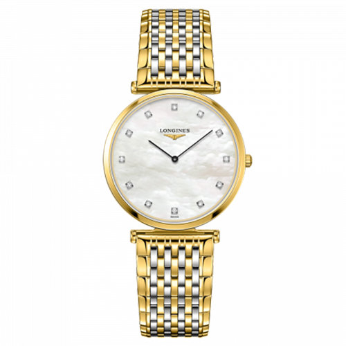 LONGINES/浪琴  嘉嵐系列 石英表白珍珠貝母鑲鉆表盤黃色PVD表殼表帶男士腕表33毫米L4.709.2.88.7