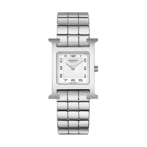 HERMES/愛馬仕      Heure H系列 女士石英機芯白色表盤精鋼表殼和表帶腕表21X21毫米W053016WW00