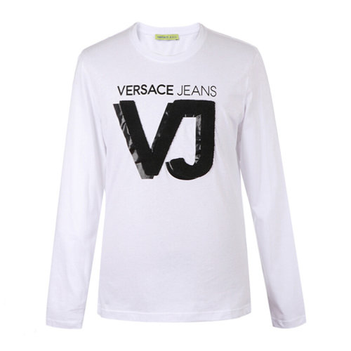 VERSACE JEANS/范思哲牛仔 男士白色棉質(zhì)混紡氨綸經(jīng)典字母徽標(biāo)印花圓領(lǐng)長(zhǎng)袖上衣T恤 B3GSA72B-36591-003