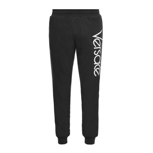 VERSACE/范思哲 男士黑色棉質(zhì)經(jīng)典字母徽標(biāo)印花裝飾束腳休閑褲運動褲長褲男褲 A80474-A217878-A99C