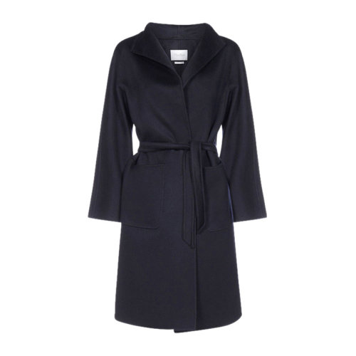 MaxMara/麥絲瑪拉 女士藍色羊絨束帶翻領長袖上衣大衣風衣外套 10160819600-008