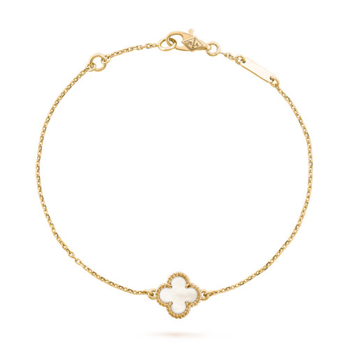 Van Cleef & Arpels/梵克雅寶 經典Sweet Alhambra系列 18K金黃金鑲嵌白色珍珠母貝幸運四葉草手鏈VCARF68800