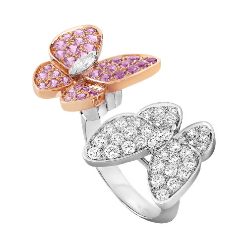 Van Cleef & Arpels/梵克雅寶 經典Deux Papillons系列 18k金白金鑲嵌鉆石18k金玫瑰金鑲嵌粉紅色藍寶石兩只蝴蝶開口戒指指環VCARO3M500