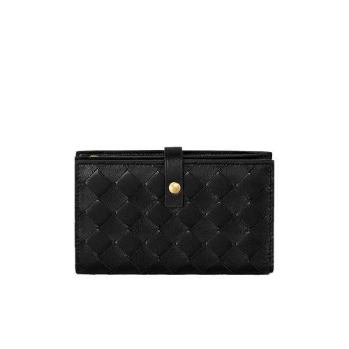 Bottega Veneta/葆蝶家 寶緹嘉女包 女士黑色皮質(zhì)編織經(jīng)典時(shí)尚按扣錢包錢夾 609070VCPP38648