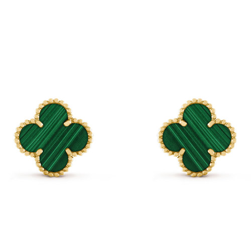 Van Cleef & Arpels/梵克雅寶 經典Vintage Alhambra系列 18K金黃金鑲嵌綠色孔雀石四葉草耳釘