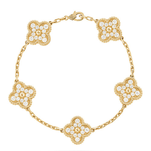 Van Cleef & Arpels/梵克雅寶 經典Vintage Alhambra系列 18k金黃金鑲鉆5四葉草手鏈VCARA41400
