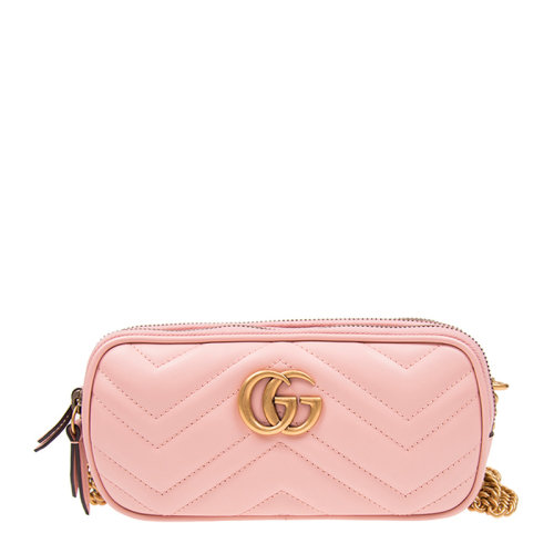 GUCCI/古馳 20春夏 女士粉紅色牛皮簡約金屬logo標拉鏈手袋手拿包錢包