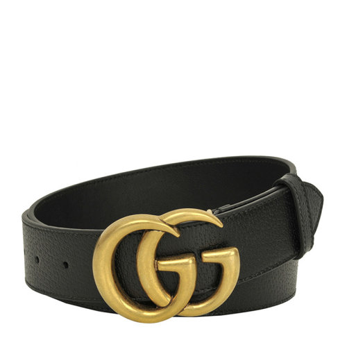 GUCCI/古馳 男士黑色牛皮革金色雙G金色LOGO標識板扣式商務休閑皮帶腰帶 406831-DJ20T-1000