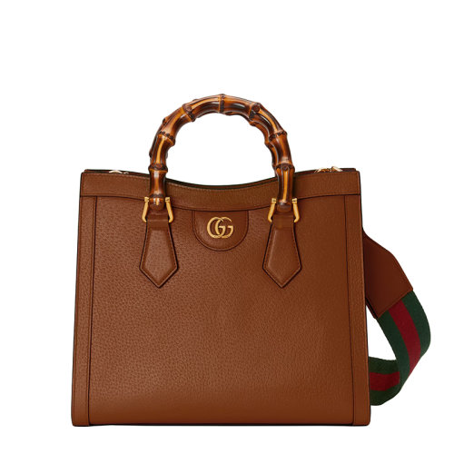 GUCCI/古馳 22春夏新款Diana系列 女士小號棕色皮革黑色飾帶金扣雙竹節提手紅綠肩帶單肩手提托特包702721U3ZDT2185