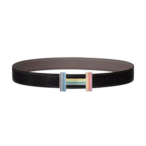 HERMES/愛馬仕新款 Quizz Rainbow系列 男士黑色/錫器灰荔枝紋皮革銀扣雙面腰帶32毫米H081790CBAD/H073967CAAC075