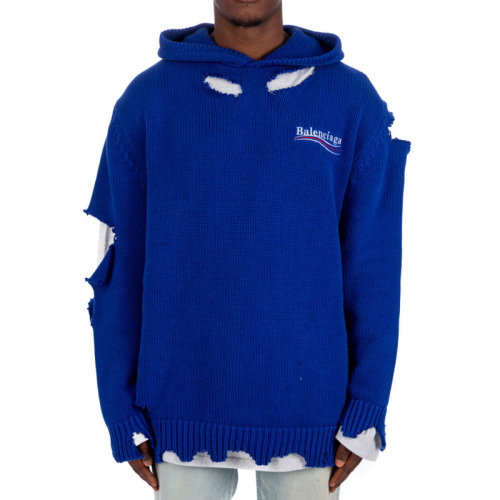 Balenciaga/巴黎世家 男士純色棉質經典字母徽標印花破洞針織落肩連帽長袖上衣衛衣連帽衫套頭衫 662718-T3212 多色可選