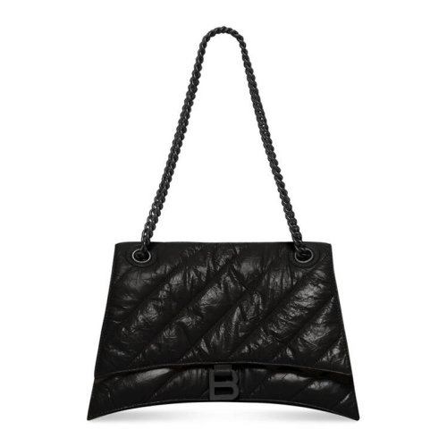 Balenciaga/巴黎世家 22秋冬新款 Crush系列 女士中號黑色粒面絎縫小牛皮啞光黑色標志鉚釘磁扣開合手提單肩斜挎包716393210IY1000
