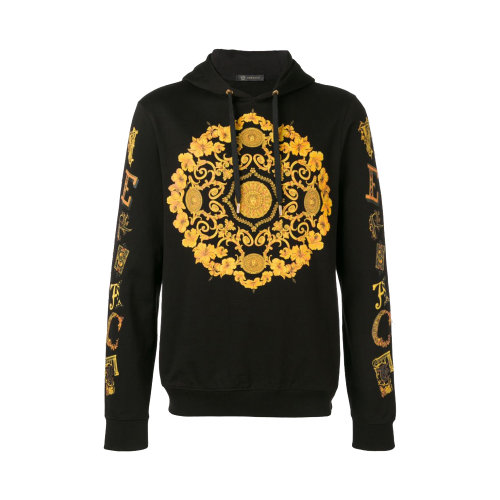 VERSACE/范思哲 男士黑色棉質回紋印花連帽套頭衛衣 A81934-A227994-A708