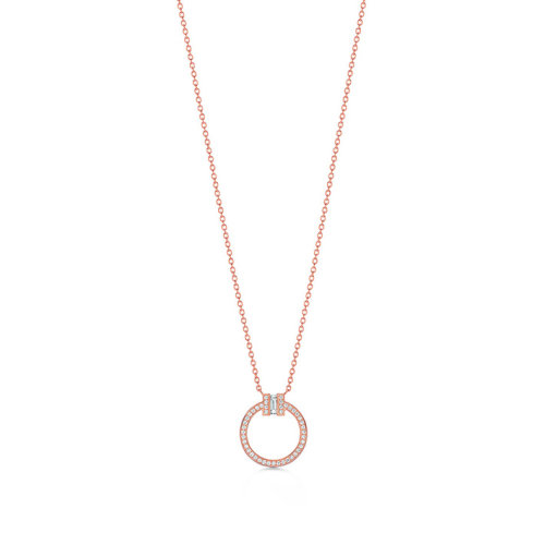 Tiffany & Co./蒂芙尼  TiffanyT系列 18K金玫瑰金鑲嵌長方形鉆石圓形吊墜項(xiàng)鏈 63843105
