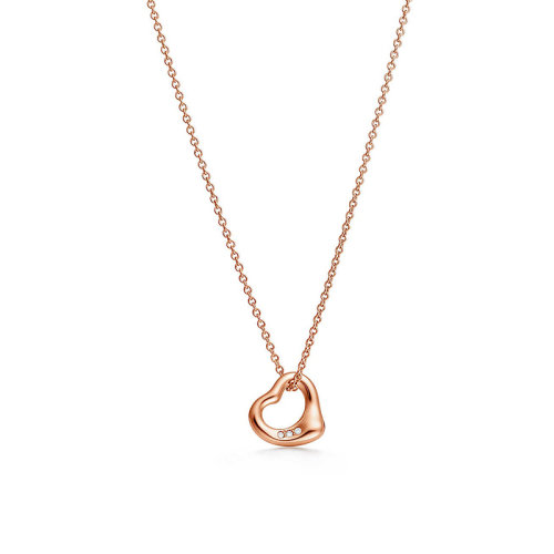 Tiffany & Co./蒂芙尼  ElsaPeretti?Open Heart系列18K金玫瑰金鑲嵌鉆石鏤空心形吊墜項鏈 68113679