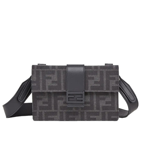 FENDI/芬迪 BAGUETTE POUCH系列 男士灰色帆布配皮革飾有FF圖案翻蓋法式長棍單肩斜挎包 7M0295A9ZLF1DGS