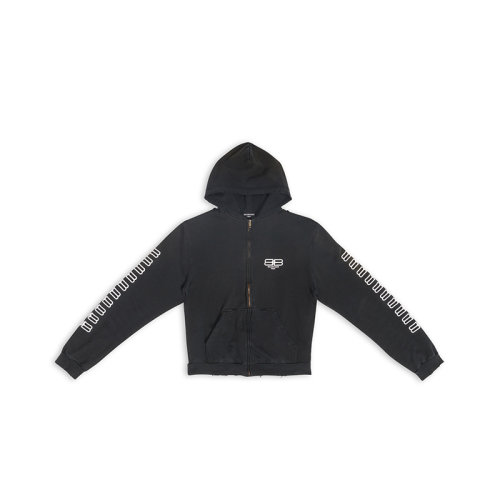 Balenciaga/巴黎世家 22年秋冬新款 女士黑色飾有白色雙B LOGO棉質拉鏈連帽衛衣697949TMVG60903