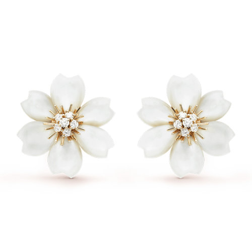 Van Cleef & Arpels/梵克雅寶 經典Rose de No?l系列 18k金黃金鑲嵌鉆石白色珍珠母貝玫瑰耳環VCARA55600