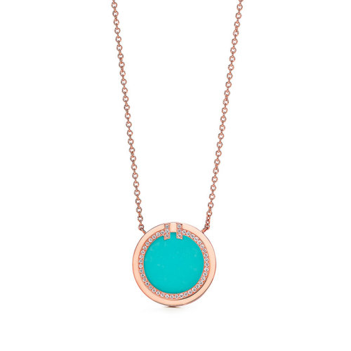 Tiffany & Co./蒂芙尼  TiffanyT系列 18K金玫瑰金鑲嵌綠松石和鉆石圓形吊墜項鏈 66885445