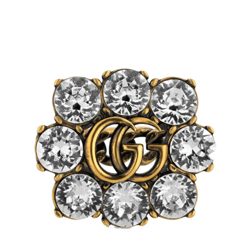GUCCI/古馳  鍍金復古金屬雙G水晶戒指645686J1D508062