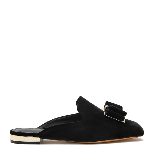 Salvatore Ferragamo/菲拉格慕 黑色 女士蝴蝶結飾緞面平底穆勒鞋 733785-01R507