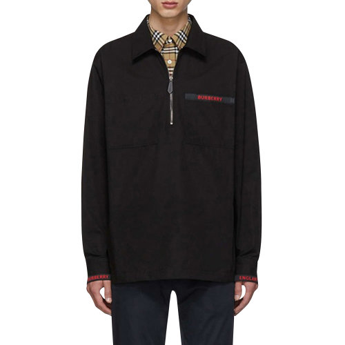 BURBERRY/博柏利 burberry 巴寶莉 男裝 純棉 黑色 半開襟 套頭襯衫 男士長袖襯衫 80113311  瑕疵特賣（陳列痕跡，不影響使用）