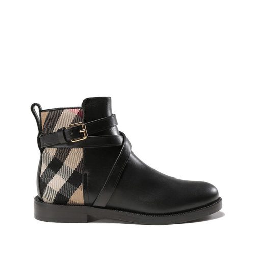 BURBERRY/博柏利 【22秋冬新款】 女款牛皮革/織物靴子短靴踝靴黑色/典藏米色格紋 80568191