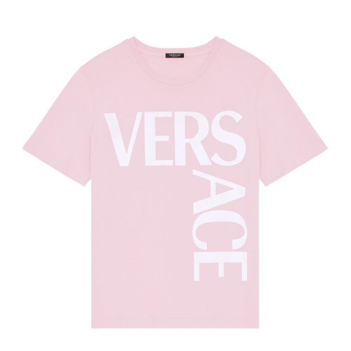 VERSACE/范思哲 女士粉色棉質經典字母徽標印花裝飾圓領上衣短袖T恤 1001530-1A00603-2P100