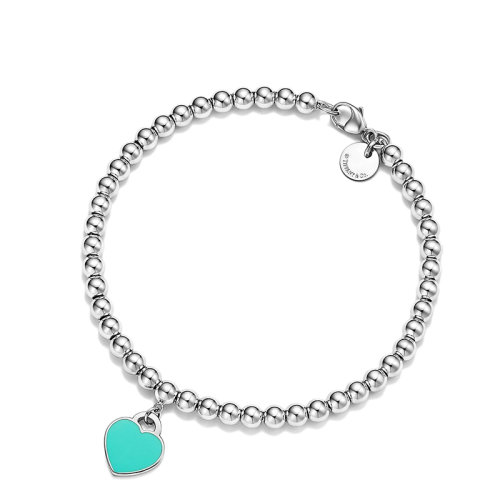 Tiffany & Co./蒂芙尼 Return to Tiffany系列 925純銀鑲鉆心形吊飾搭配藍(lán)色琺瑯珠式手鏈GRP12057