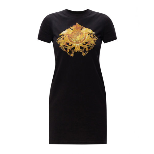 VERSACE JEANS/范思哲牛仔 女士黑色棉質經典印花圖案裝飾圓領短袖連衣裙 D2HWA418-11620-899