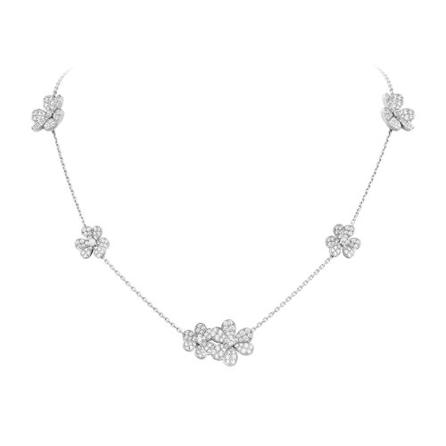 Van Cleef & Arpels/梵克雅寶 經典Frivole系列 18k金白金鑲嵌鉆石滿鉆9朵三瓣花朵項鏈VCARN25400