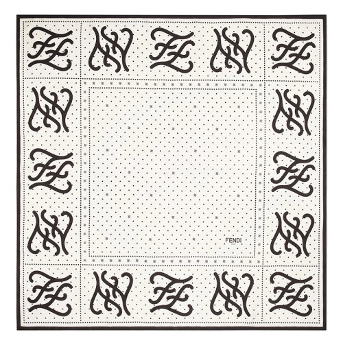 FENDI/芬迪 女士白色圓點花紋和FF Karligraphy圖案真絲方形圍巾FXT091AHRVF1ENO