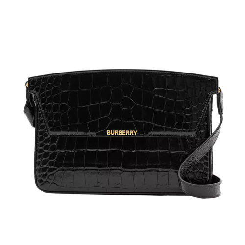 BURBERRY/博柏利 22新款 Catherine系列 女士黑色鱷魚紋壓紋皮革金色徽標壓花翻蓋磁扣開合調節皮革肩帶單肩斜挎包80611771